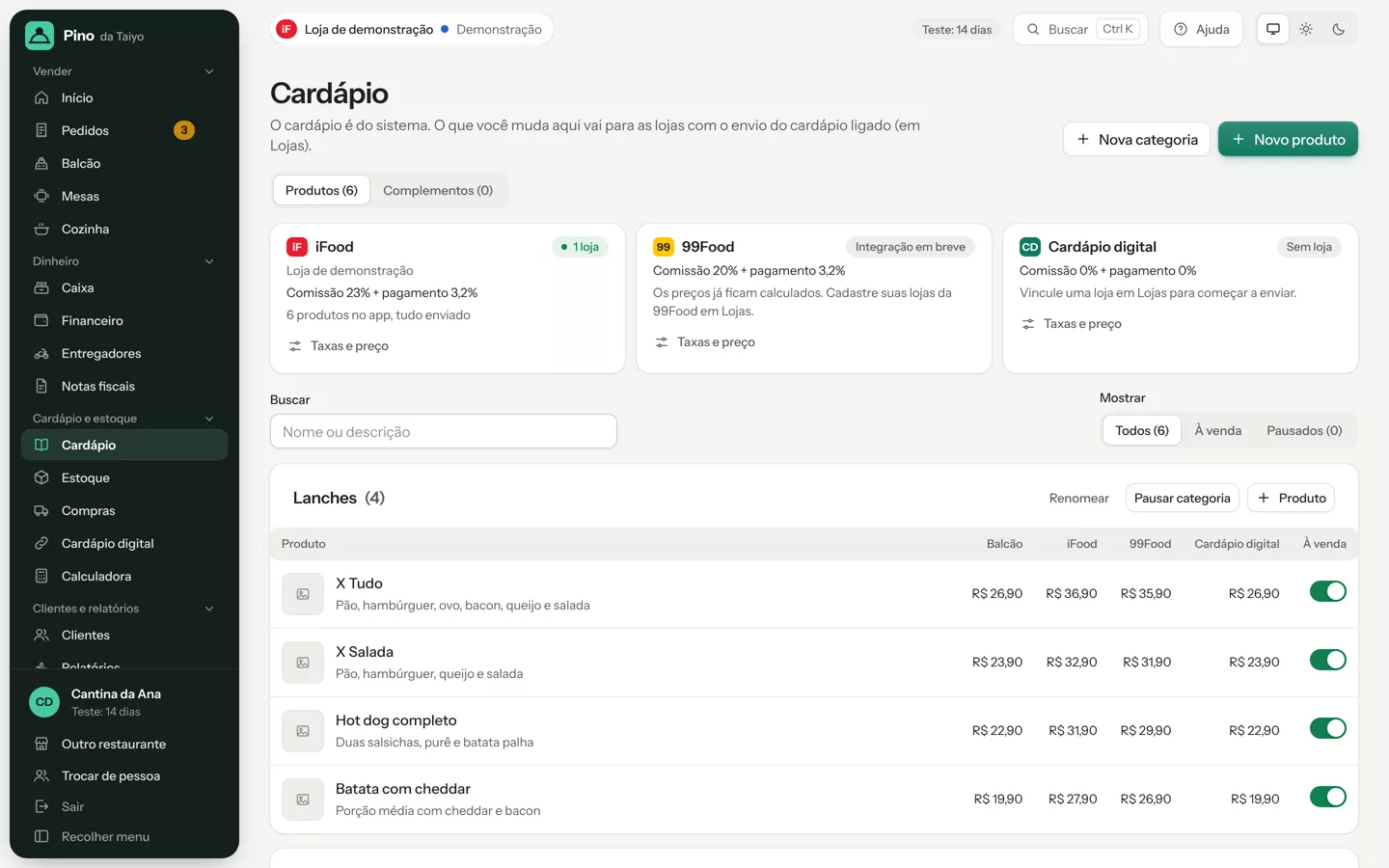 Tela de Cardápio da Pino: cada produto com o preço do balcão, do iFood, da 99Food e do cardápio digital, já com a comissão de cada app repassada